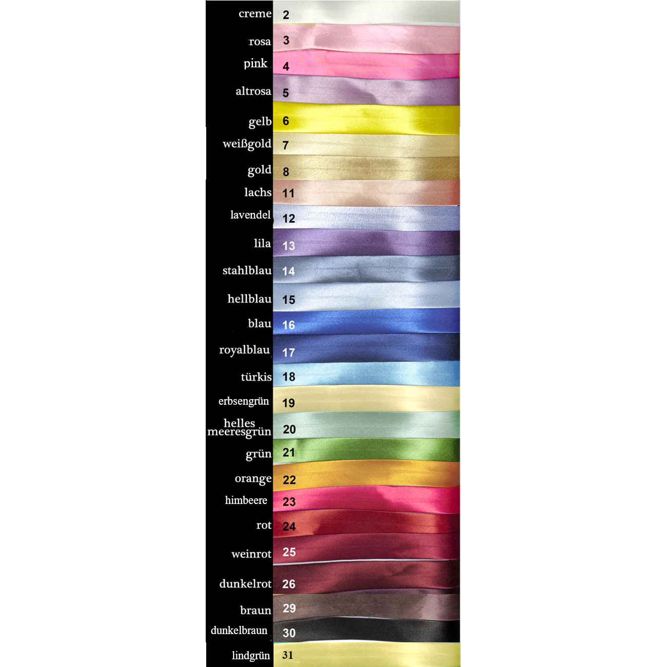 10 M Atlas-Schrägband, 10 mm, gefalzt in 27 Farben
