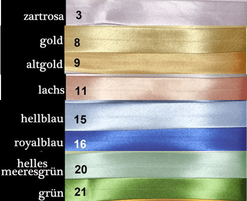 10 M Atlas-Schrägband, 15 mm, gefalzt in 8 Farben